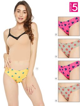 Clovia - Cotton Low Waist Printed Thong with Inner Elastic Multi-Color (Pack of 5)