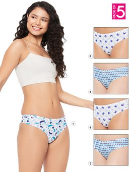 Clovia - Cotton Low Waist Printed Thong with Inner Elastic Multi-Color (Pack of 5)