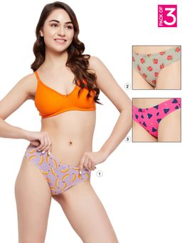 Clovia - Cotton Low Waist Printed Thong with Inner Elastic Multi-Color (Pack of 3)