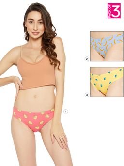 Clovia - Cotton Low Waist Printed Thong with Inner Elastic Multi-Color (Pack of 3)
