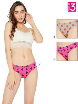 Clovia - Cotton Low Waist Printed Thong with Inner Elastic Multi-Color (Pack of 3)