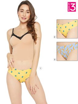 Clovia - Cotton Low Waist Printed Thong with Inner Elastic Multi-Color (Pack of 3)