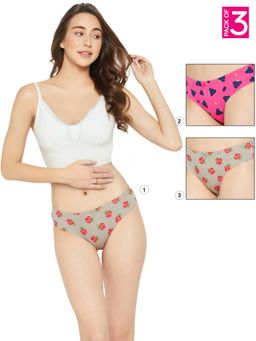 Clovia - Cotton Low Waist Printed Thong with Inner Elastic Multi-Color (Pack of 3)