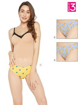 Clovia - Cotton Low Waist Printed Thong with Inner Elastic Multi-Color (Pack of 3)