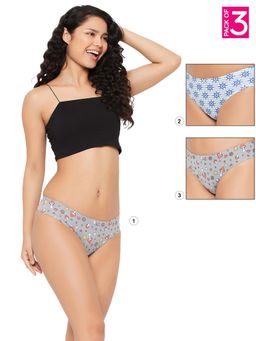 Clovia - Cotton Low Waist Printed Thong with Inner Elastic Multi-Color (Pack of 3)