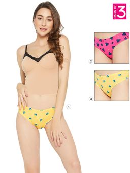 Clovia - Cotton Low Waist Printed Thong with Inner Elastic Multi-Color (Pack of 3)