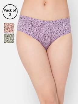 Clovia - Cotton Spandex Medium Waist Inner Elastic Hipster Panty Multi-Color (Pack of 3)