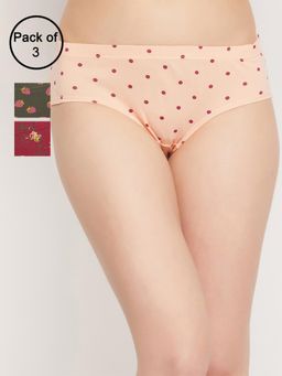 Clovia - Cotton Spandex Medium Waist Inner Elastic Hipster Panty Multi-Color (Pack of 3)