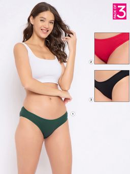 Clovia - Cotton Spandex Low Waist Outer Elastic Bikini Panty Multi-Color (Pack of 3)
