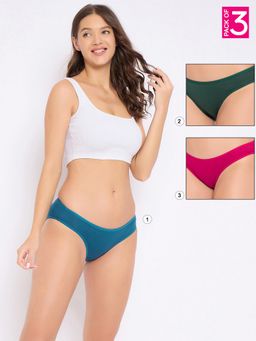 Clovia - Cotton Spandex Low Waist Outer Elastic Bikini Panty Multi-Color (Pack of 3)