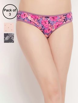 Clovia - Cotton Spandex Low Waist Outer Elastic Bikini Panty Multi-Color (Pack of 3)
