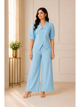SILCHIC - Blue Women Waist Coat Style Puff Sleeves Co-Ord Set