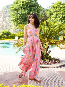 Karaj Jaipur - Florescent Pink Floral Printed Jumpsuit