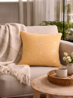 BELIHODE - Yellow Botanical Bliss - Lemon Haze Embroidered Cushion Cover (16 x 16 Inches)