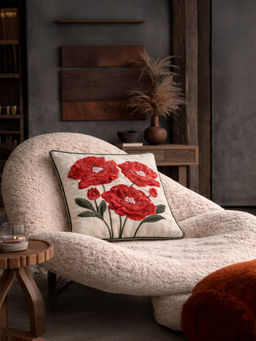 BELIHODE - Botanic Charm Crimson Ember Hand Embroidered Cushion Cover (16 x 16 Inches)