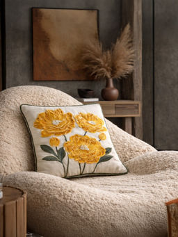 BELIHODE - Yellow Botanic Charm Golden Nectar Hand Embroidered Cushion Cover (16 x 16 Inches)