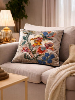 BELIHODE - Beige Floral Canvas Hand Embroidered Cushion Cover (16 x 16 Inches)