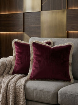 BELIHODE - Maroon Fringed Velvet Fringed Cushion Covers (Pack of 2) (16 x 16 Inches)