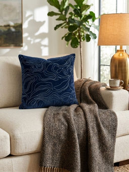 BELIHODE - Navy Blue Driftlines Embroidered Cushion Cover (16 x 16 Inches)