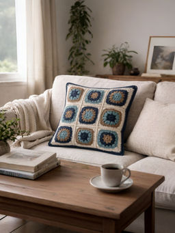 BELIHODE - Beige Loomie Grid Hand Crafted Cushion Cover (16 x 16 Inches)