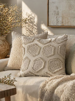 BELIHODE - Beige Frayed Contour Hand Crafted Cushion Cover (16 x 16 Inches)