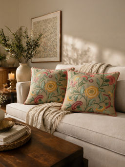 BELIHODE - Beige Wildflower Elegance Hand Crafted Cushion Covers (Pack of 2) (16 x 16 Inches)