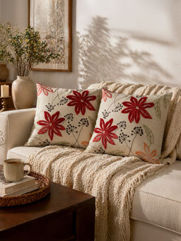 BELIHODE - Beige Applique Florals Hand Crafted Cushion Covers (Pack of 2) (16 x 16 Inches)