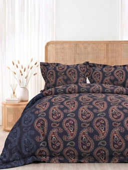 the White Moss - Navy Blue 250Tc Pure Cotton Reactive Bedsheet with 2 Pillow Covers (King Size)