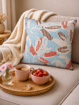 Zeba World - Blue Floral Embroidered & Printed Reversible Cushion Cover (16 x 16 Inches)