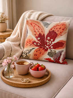 Zeba World - Floral Embroidered And Printed Reversible Cushion Cover (16 x 16 Inches)