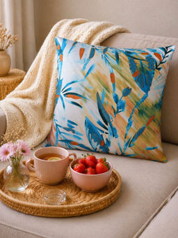Zeba World - Blue Leaf Printed & Embroidered Reversible Cushion Cover (16 x 16 Inches)