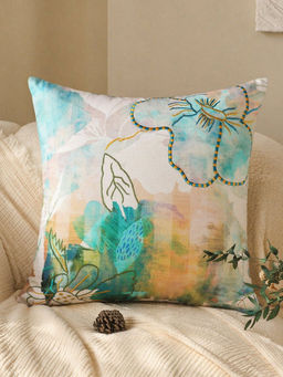 Zeba World - Multi-Color Floral Printed & Embroidered Reversible Cushion Cover (16 x 16 Inches)