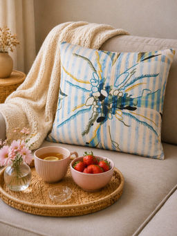 Zeba World - Multi-Color Blue & Beige Floral Printed Reversible Cushion Cover (16 x 16 Inches)