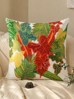 Zeba World - White Leaf Embroidered Taka Reversible Cushion Cover (16 x 16 Inches)
