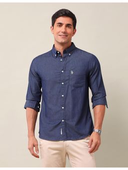 U.S. POLO ASSN. - Solid/Plain Blue Full Sleeves Collar Neck Shirt