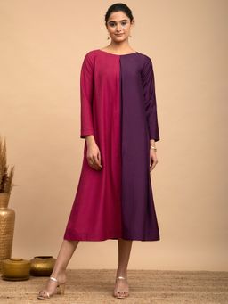 Pink Fort - Colour Block Silk Dress - Pink and Wine