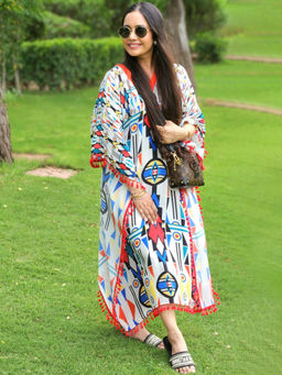 First Resort by Ramola Bachchan - White And Orange Modern Geometric Mid Length Kaftan