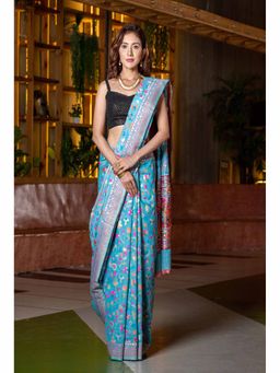 Beatitude - Blue Pink Floral Silk Blend Saree with Unstitched Blouse