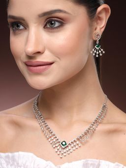 Estele - Sparkling Rhodium Plated Green CZ Fringe Necklace Set – Party Glam Look
