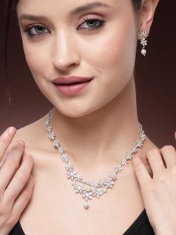 Estele - Premium Rhodium Finish Pearl & CZ Necklace Set| Festive & Party Jewelry