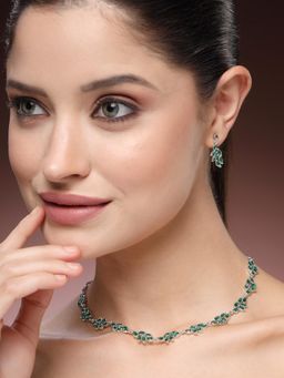 Estele - Graceful Rhodium Finish Green CZ Leaf Necklace Set– Regal Festive Glam