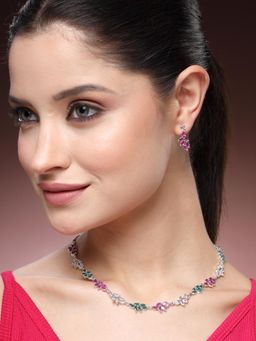 Estele - Stylish Rhodium Finish Multicolor CZ Floral Necklace Set|Cocktail Chic