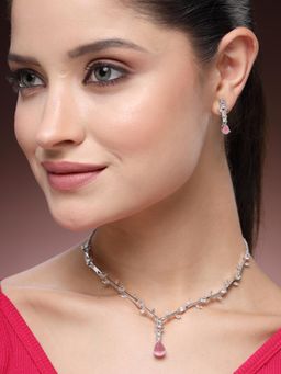 Estele - Graceful Rhodium Finish Mint Pink CZ Necklace Set– Cocktail Jewelry