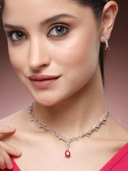 Estele - Classic Rhodium Finish Ruby CZ Leafy Necklace Set|Sleek Occasion Jewelry