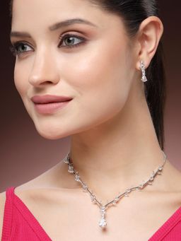 Estele - Sparkling Rhodium Finish CZ Leafy Drop Necklace Set|Elegant Party Jewelry