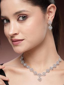 Estele - Dazzling Rhodium Plated Floral CZ Necklace Set – Exclusive Wedding Glam