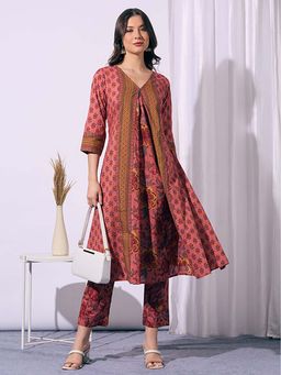 FASHOR - Peach Floral Anarkali Kurta with Pant