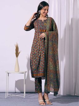 FASHOR - Teal Floral Kurta with Pant & Dupatta