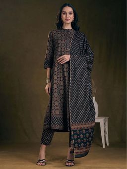 FASHOR - Black Floral Anarkali Kurta with Pant & Dupatta