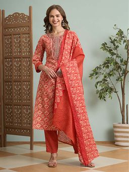 FASHOR - Red Printed Kurta with Pant & Dupatta